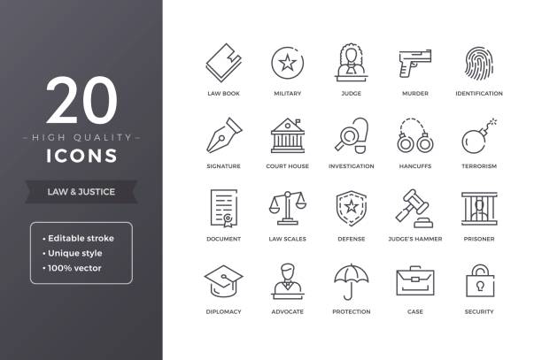 Law Icons Law line icons. Vector justice and legal icon set with editable stroke diplomacy stock illustrations
