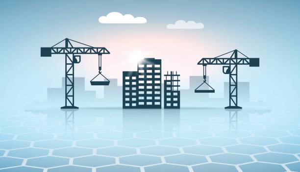 Web banner design with construction site silhouettes vector art illustration