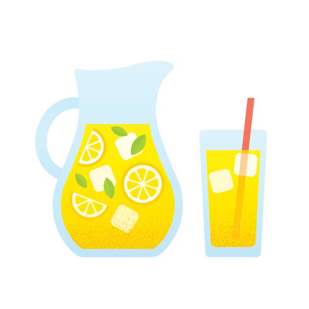 Lemonade pitcher and glass Lemonade glass and pitcher with lemons and ice cubes. Isolated vector illustration in simple cartoon style. jug stock illustrations