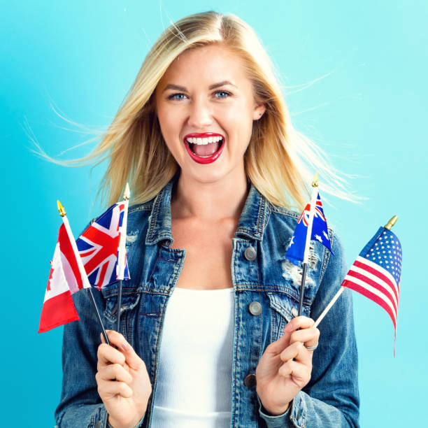 istock Woman with flags of English speaking countries 802004808