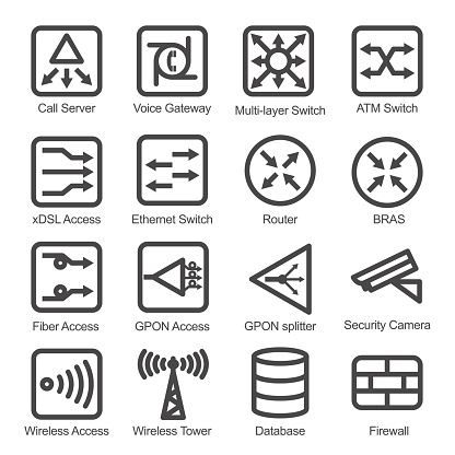 Network Equipment Icon Set - Isolated Vector Illustration. Simplified line design. Black icons collection on white bacground.