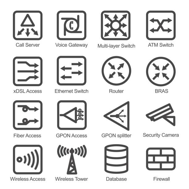 Network Equipment Icon Set Network Equipment Icon Set - Isolated Vector Illustration. Simplified line design. Black icons collection on white bacground. router stock illustrations