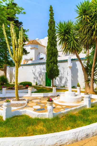 Photo of Tropical plants in gardens of  Puig de Missa church in Santa Eularia town, Ibiza island, Spain