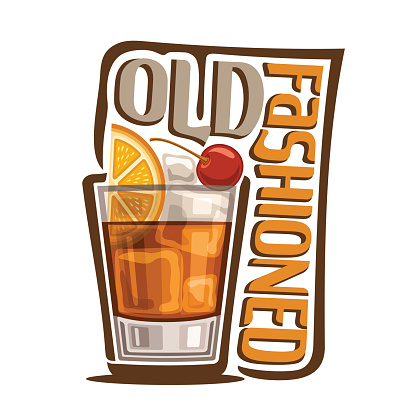Vector illustration of alcohol Cocktail Old Fashioned: glass with whiskey and ice cubes with title - old fashioned, classic long drink on white background, club cocktail with orange and cherry garnish