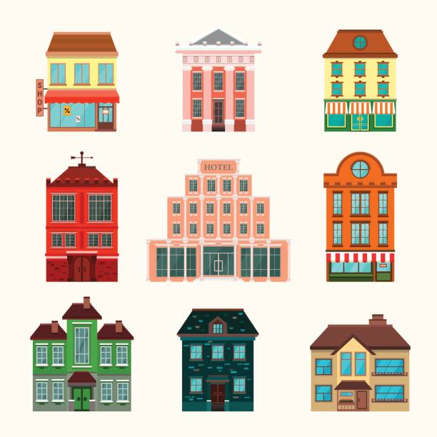 ilustrações, clipart, desenhos animados e ícones de conjunto de ícones de edifícios e da cidade - downtown district store building exterior facade