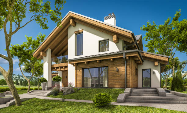 istock 3d rendering of modern cozy house in chalet style 802071428