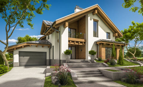 istock 3d rendering of modern cozy house in chalet style 802071432