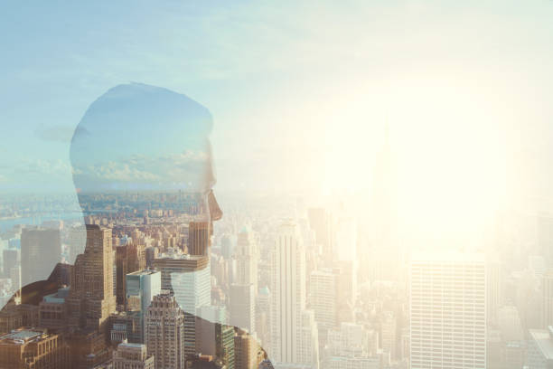 istock Male silhouette on city background 802074058
