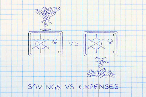 savings vs expenses: coins being dropped into and out of safe