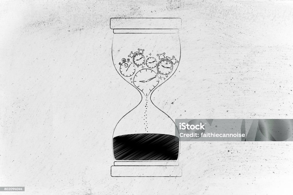 hourglass with melting clocks & stopwatches hourglass with clocks stopwatches and alarms melting to sand, concept of time passing by and living life to the fullest Achievement Stock Photo