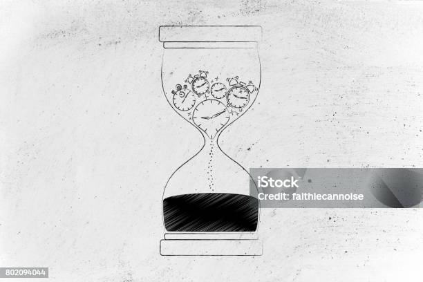 Hourglass With Melting Clocks Stopwatches Stock Photo - Download Image Now - Achievement, Alarm, Alertness