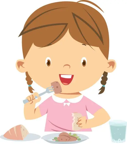 Vector illustration of Little girl eating meal