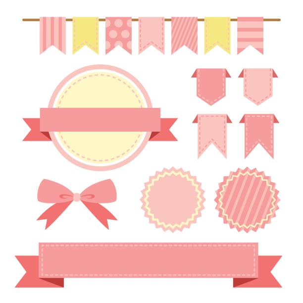 illustrazioni stock, clip art, cartoni animati e icone di tendenza di collezione di nastri ed etichette di colore rosa, shabby chic bandiera bunting tessile. - pennant flag party old fashioned