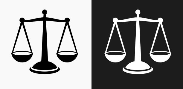 illustrazioni stock, clip art, cartoni animati e icone di tendenza di icona di justice balance su sfondi vettoriali in bianco e nero - bilancia della giustizia