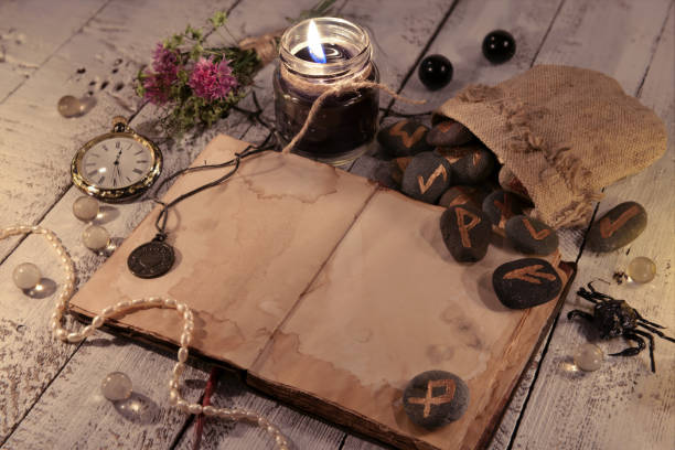 istock Old diary with black candles, ancient runes and clock 802156488