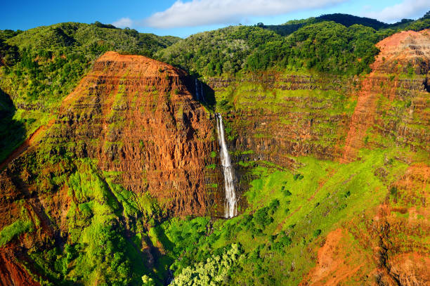Magnificent island under the wing of a helicopter. Waterfalls and mountains. Doors Off Helicopter Flight over the Island of Kauai.