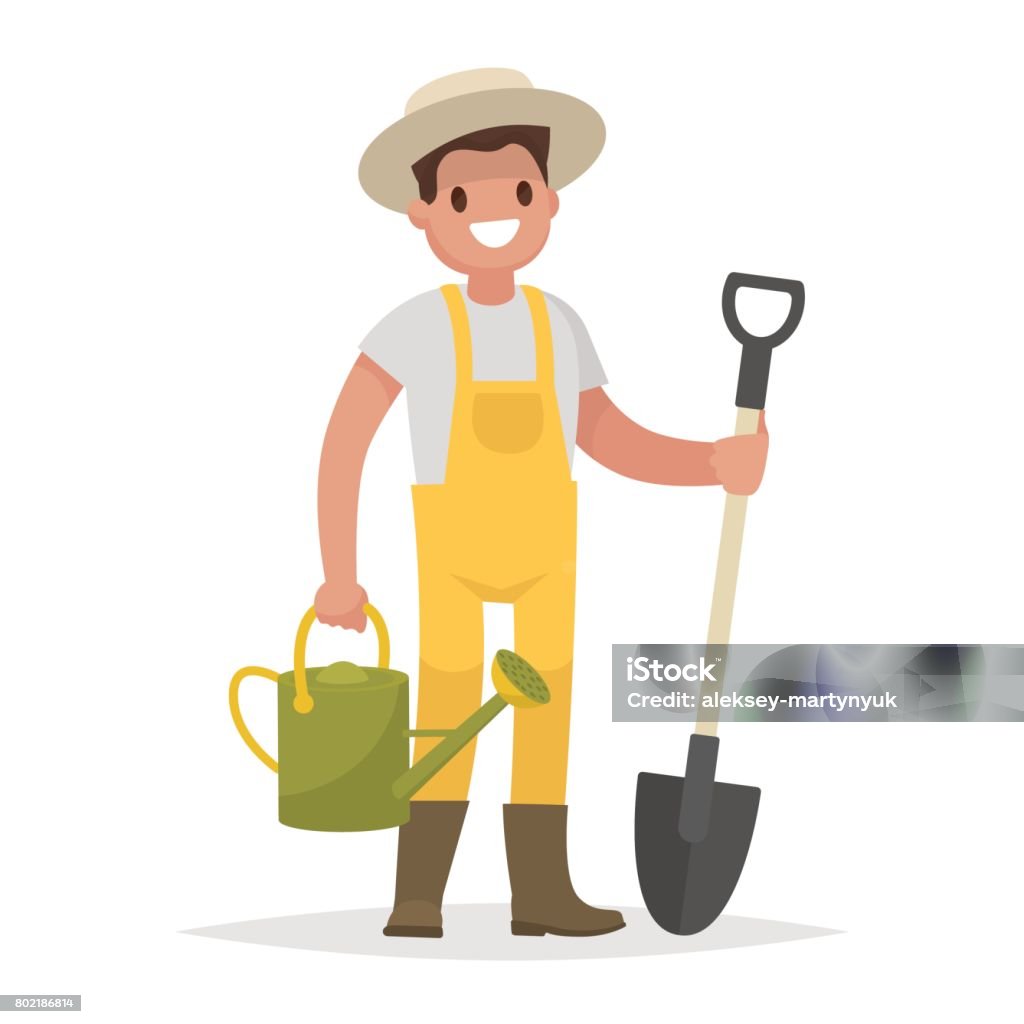 Người Đàn Ông Làm Vườn Hạnh Phúc Với Một Cái Xẻng Và Tưới Nước Có ...