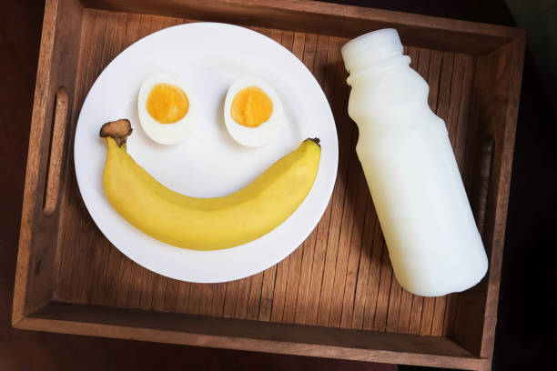 morning time with banana,egg,milk is breakfast.