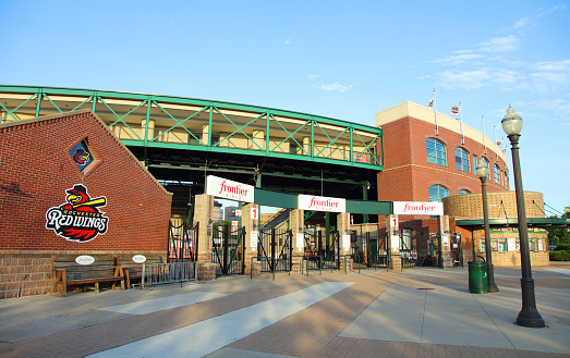 Rochester, New York, USA - June 17, 2017:  Daytime view of the front entrance to Frontier Field home of the Rochester Red Wings  top minor league affiliate of the Minnesota Twins