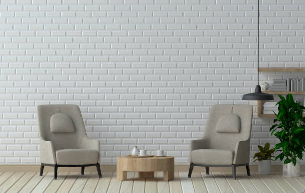 istock Loft interior with white brick wall and armchair  3d rendering other near a round coffee table in an office waiting area. 802218150