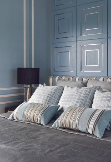 istock Light blue romantic style bedroom with pattern and texture of bedding 802222786