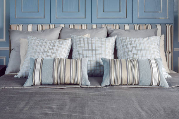 istock Light blue romantic style bedroom with pattern and texture of bedding 802233594