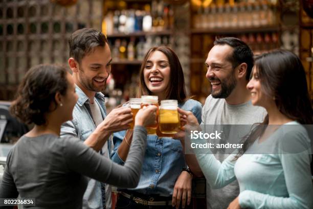 Happy Group Of Friends Making A Toast At A Restaurant Stock Photo - Download Image Now