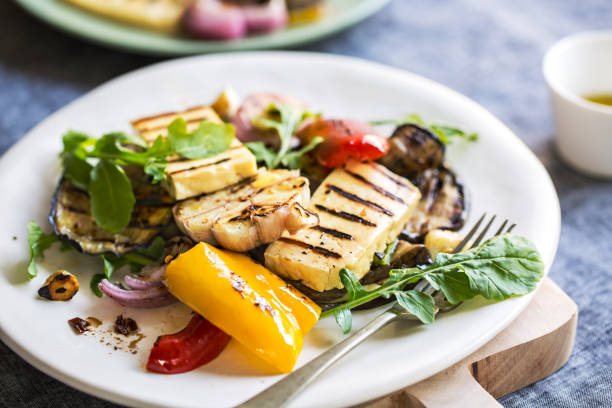 istock Grilled Halloumi with Aubergine,Pepper,Garlic and Rocket salad 802244622