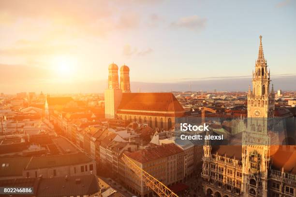 Munich Old City Aerial View Sunset Germany Stock Photo - Download Image Now - Munich, Sunset, Urban Skyline