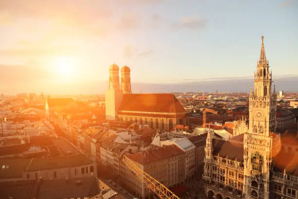 Munich old city aerial view sunset Germany
