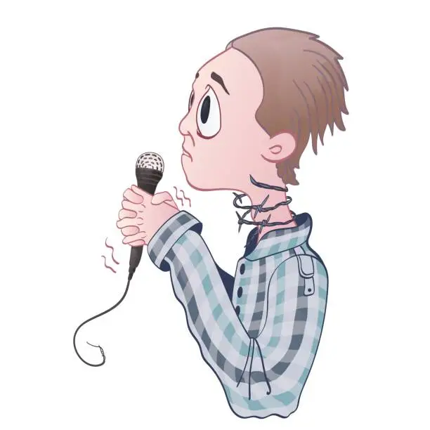 Vector illustration of Fear of public speaking, glossophobia. Excitement and loss of voice. Young man with microphone and barbed wire on neck. Vector illustration, isolated on white.