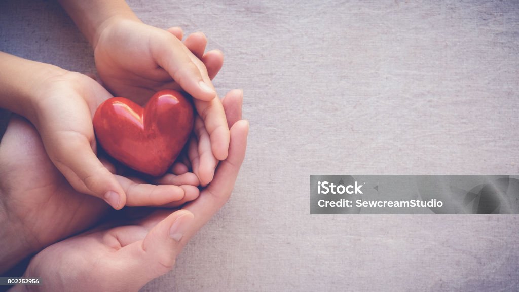 adult and child hands holding red heart, health care love and family concept Charity and Relief Work Stock Photo