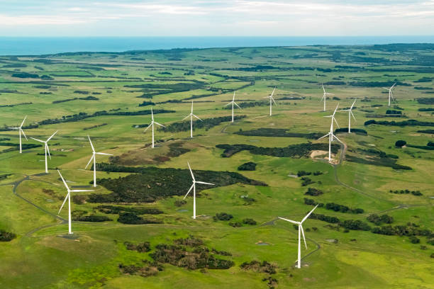 Aerial view of wind turbines in green rural landscape with ocean Bald Hills wind farm in Gippsland Victoria, photographed from a low-flying small aircraft. Multiple wind turbines, agriculture, farmland, bushland and the seas of Bass Strait in the background. Power supply, power generation, ecology. Horizontal format, copy space. aircraft point of view stock pictures, royalty-free photos & images