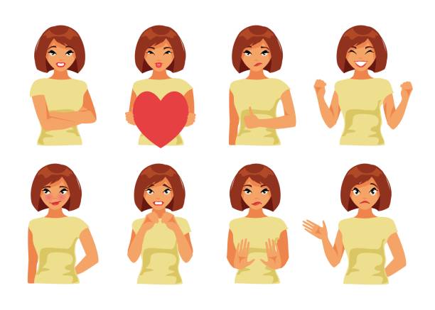 Set of girl with different emotions. Part 2 Collection of girl with different emotions on a white background. Part 2. Vector illustration sheepish look stock illustrations