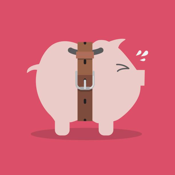 sparschwein mit einem engen gürtel - belt stock-grafiken, -clipart, -cartoons und -symbole