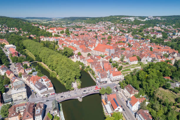 Tübingen, Germany Aerial of the beautiful historical city Tübingen in Baden-Württemberg. You can see the famous Neckarinsel, Neckarbrücke, Hölderlinturm and one of the most famous house fronts in Germany. baden baden stock pictures, royalty-free photos & images
