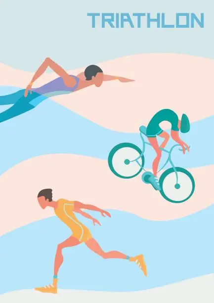 Vector illustration of Poster for triathlon competitions. Runner, cyclist and swimmer. Vector illustration.