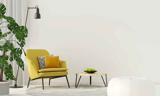 3D illustration. Colorful interior with a yellow armchair