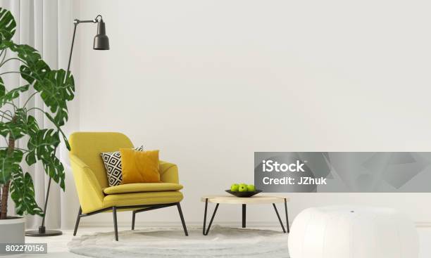 Colorful Interior With A Yellow Armchair Stock Photo - Download Image Now - Chair, Yellow, Home Showcase Interior