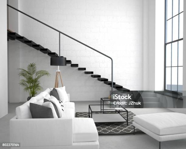 Interior Of The Apartment In Loft Style Stock Photo - Download Image Now - Tall - High, Ceiling, Digitally Generated Image