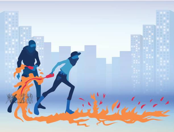 Radical young men with Molotov cocktails on a city street. Riots. Vector illustration. Radical young men with Molotov cocktails on a city street. Riots, street protest. Vector illustration. pics of the firefighter free stock illustrations