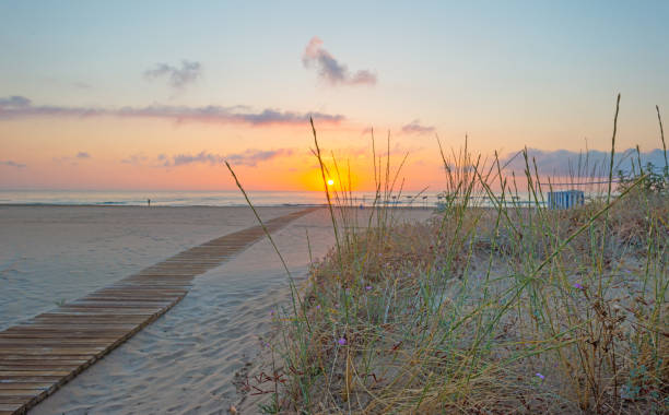 istock Sunrise over sea and sandy beach in spring 802281608