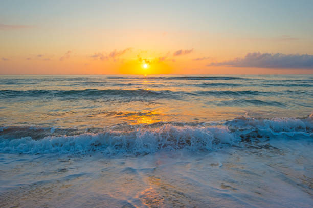 istock Sunrise over sea and sandy beach in spring 802281980