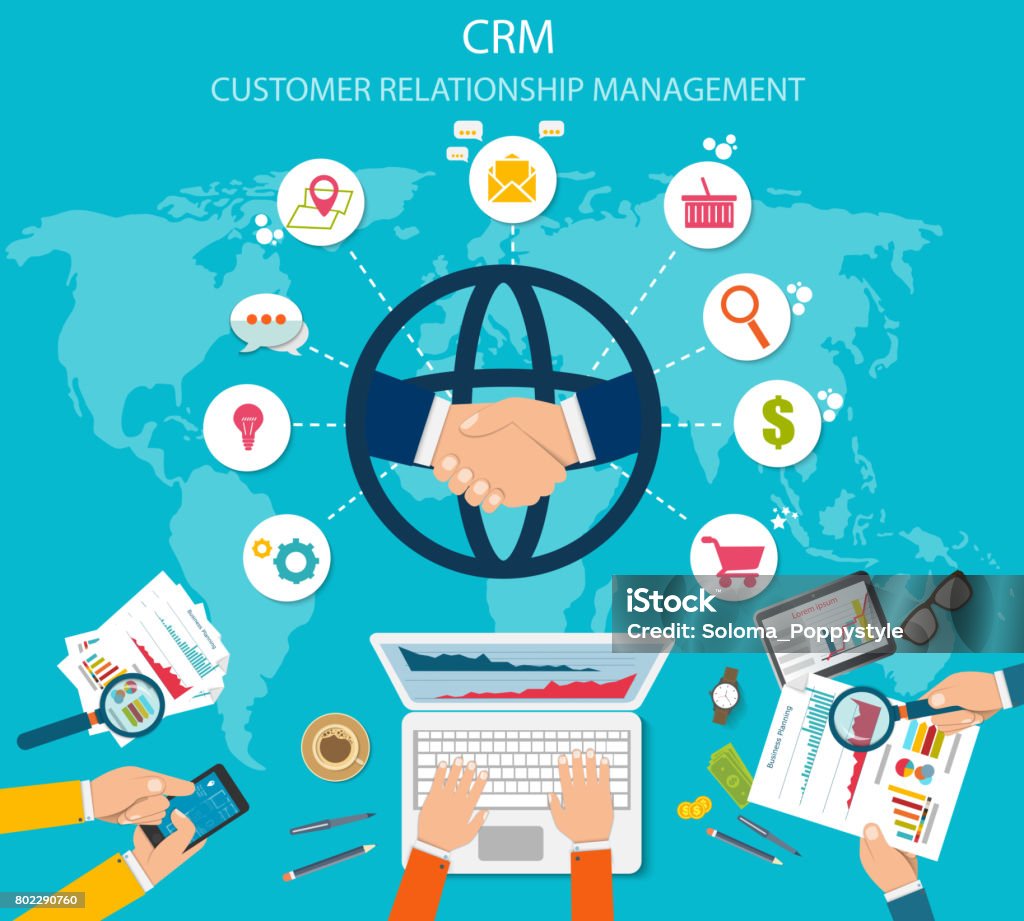 CRM : Gestion de relation client. Icônes plats du système de comptabilité, clients, soutien, deal. - clipart vectoriel de Ensemble libre de droits