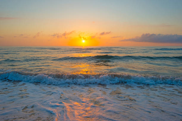 istock Sunrise over sea and sandy beach in spring 802291690