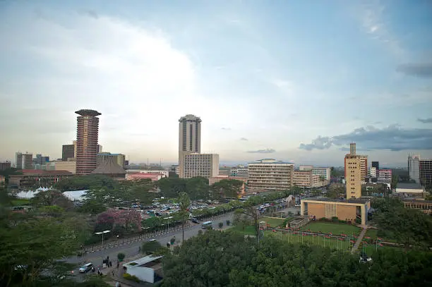 A high angle view of downtown Nairobi with a road traffic and buildings 