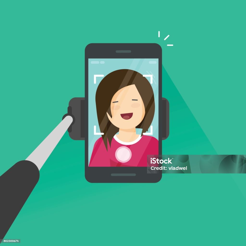 Selfie bâton et smartphone, faire des photos de vous-même vector illustration, jeune fille heureuse de plat de bande dessinée avec téléphone portable faire photo libre - clipart vectoriel de Activité avec mouvement libre de droits