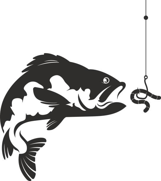 Fish and a worm on a hook Fish and a worm on a hook silhouette for fishing fish salmon silhouette fishing stock illustrations