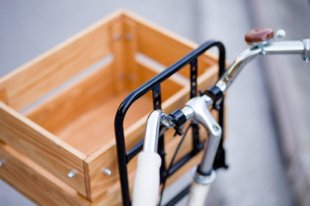 Close Up Of Retro Styled Bicycle Equipped With Great Wooden Basket