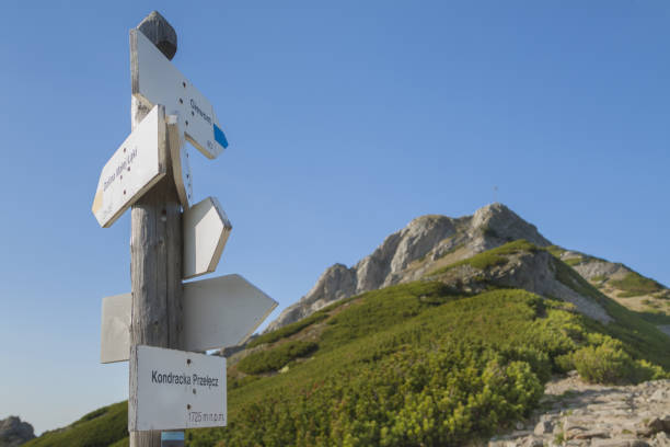 Poland, Tatra mountains, Signpost at Kondracka Przecz, overcast sky
